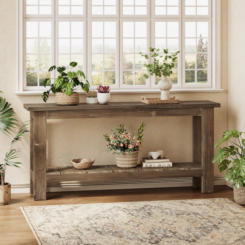 Wood Console Table with 2-Tier Storage Shelves, 63-Inch Farmhouse Sofa Table