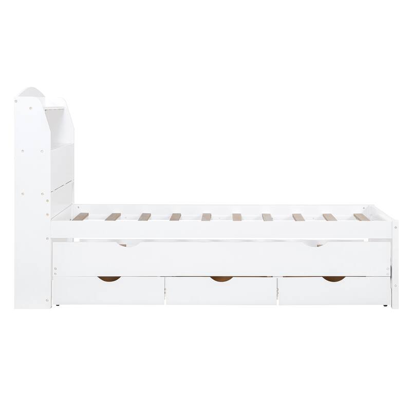 Twin Size Wooden LED Platform Bed with Trundle, with Storage Headboard, with Drawers, White
