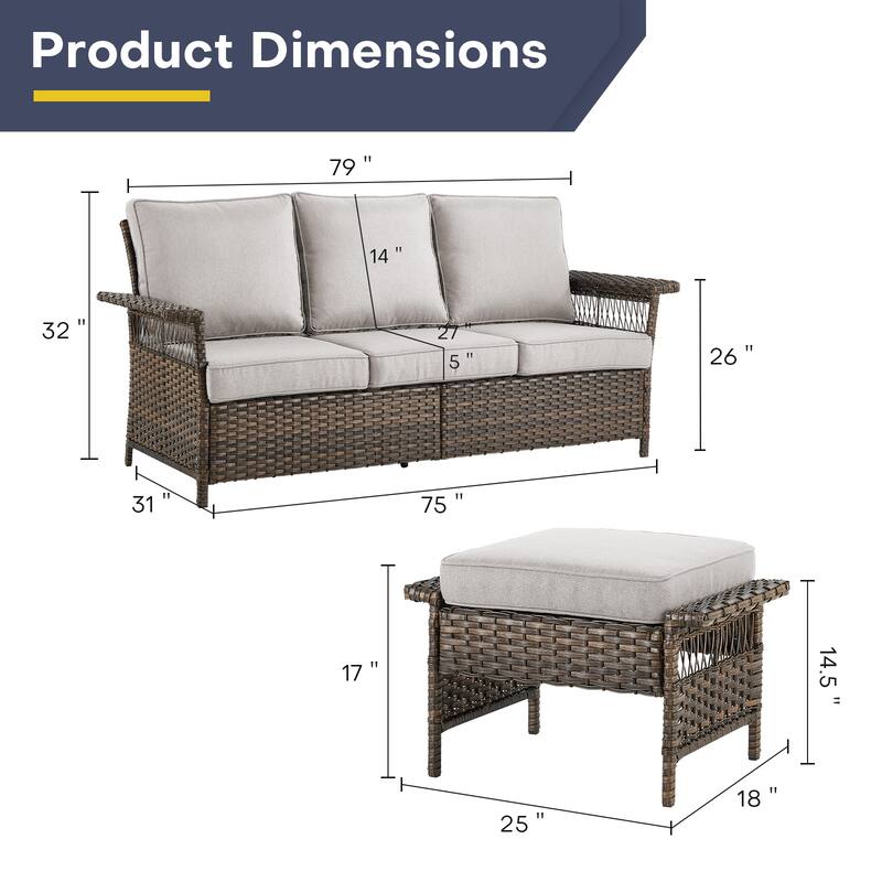Gymojoy Outdoor Wicker Sofa Chair with Ottomans - Brown