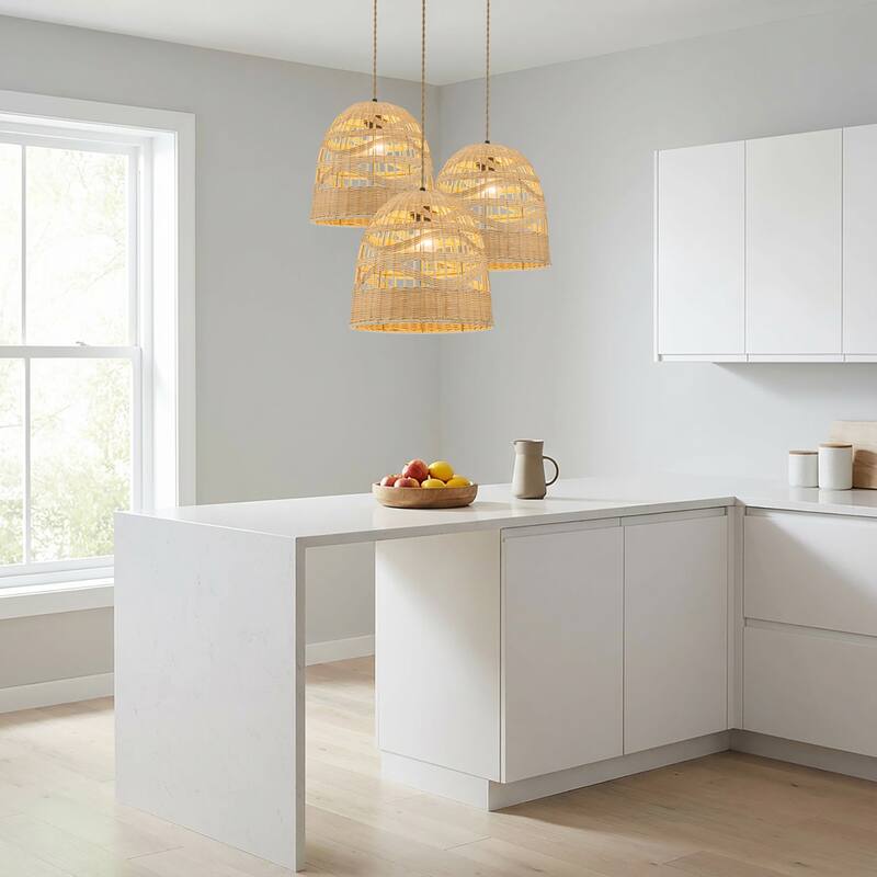 Nala 1-Light Rattan Bell Pendant, Coastal Boho - Handwoven - 12" Wide