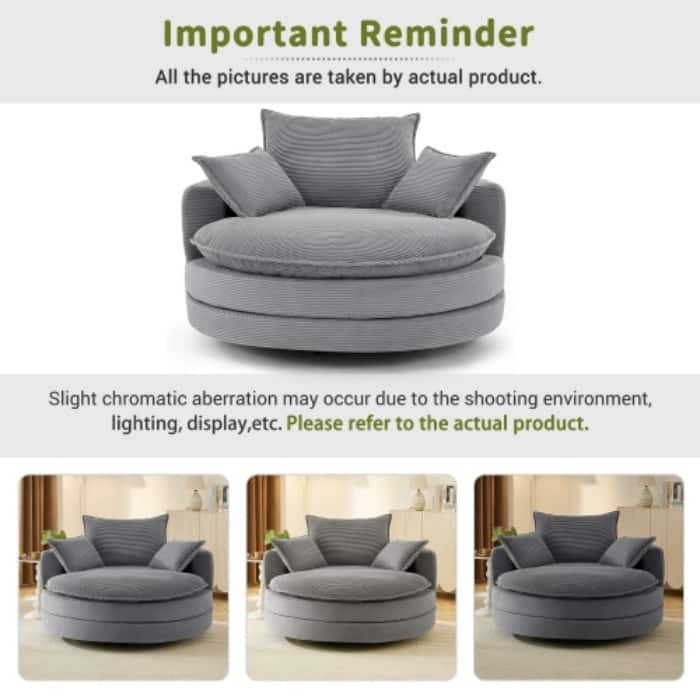57.5" 360° Swivel Barrel Chair - Dual-Layer Cushion with 3 Removable Pillows for Living Room & Office