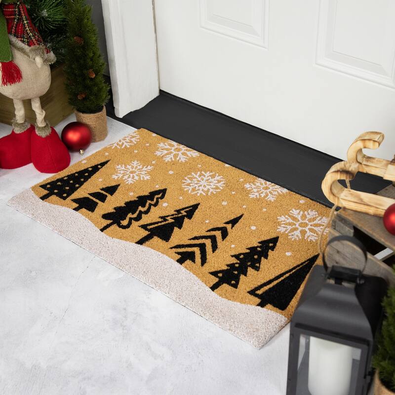 Trees and Snowflakes Natural Coir Christmas Outdoor Doormat 18" x 30"