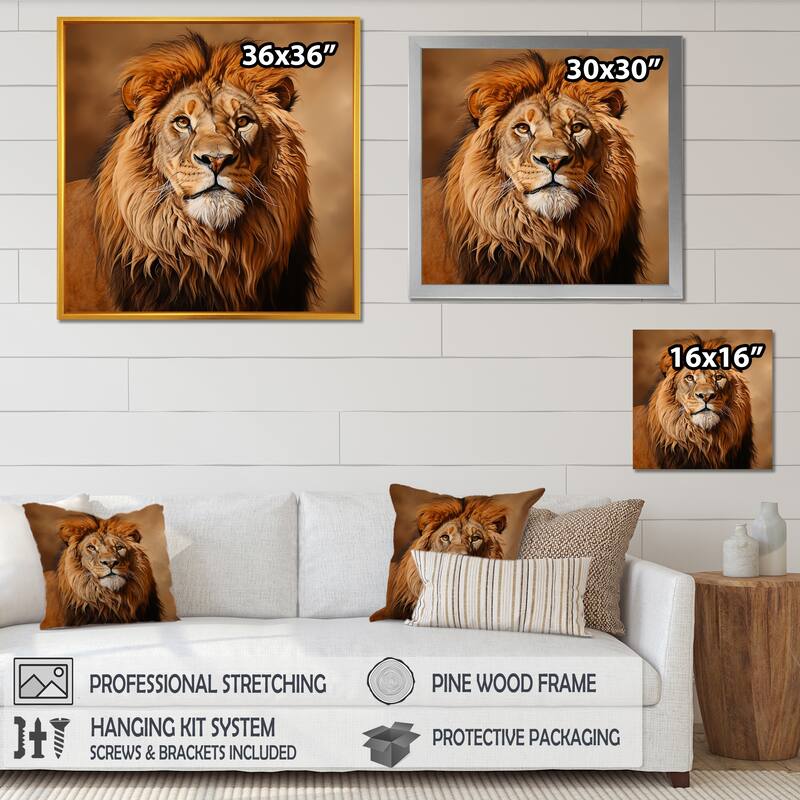 Designart "Golden Royal Lion Portrait II" Lion Wall Art - Modern Wrapped Canvas Wall Decor For Hallway