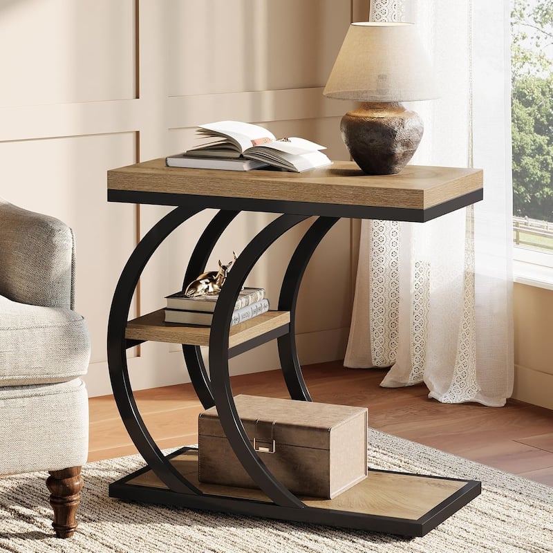 3-Tier End Table, Narrow Wood Couch C-Shaped Side Table with Storage for Living Room Bedroom, Small Spaces, Natural - 1pc