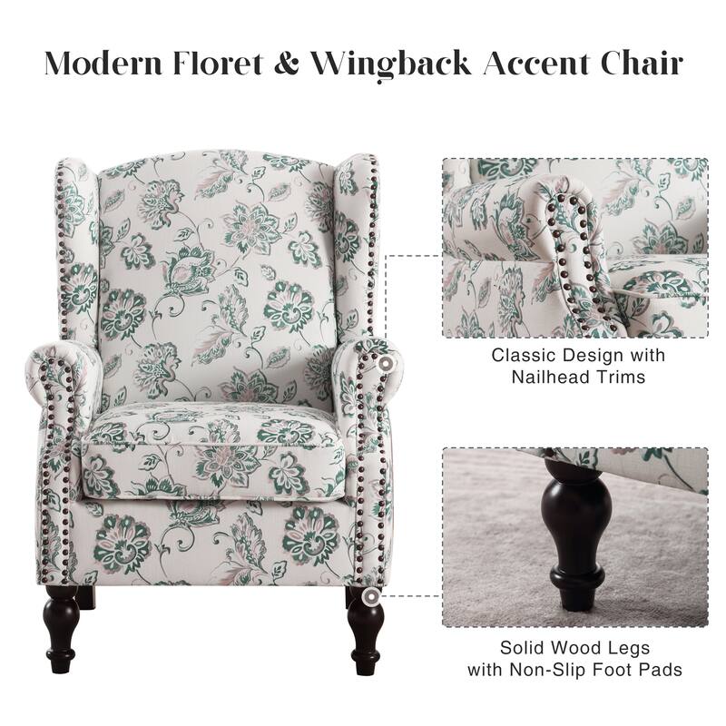 HOMYKA 29'' Wide Floral Pattern Wingback Accent Armchair with Nailhead Trim