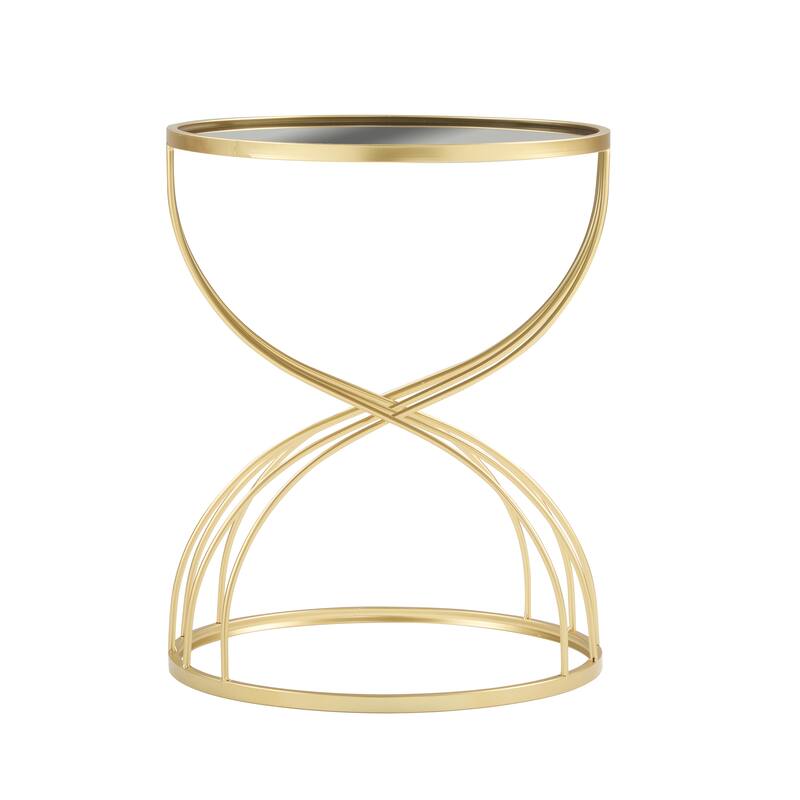 Modern Elegant Golden Hourglass-shaped Accent Table Compact Side Table with Streamlined Metal Frame and Black MIirror Top