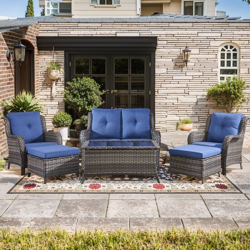 Pocassy 6 Pieces Outdoor 2-Seat Sofa Chairs Table Ottoman - Gray Wicker - Blue cushion