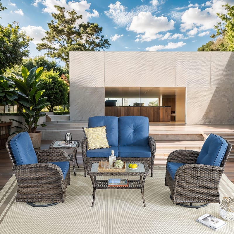 Patio Sofa Set with Glider Chair and Table - Brown - Brown - Blue