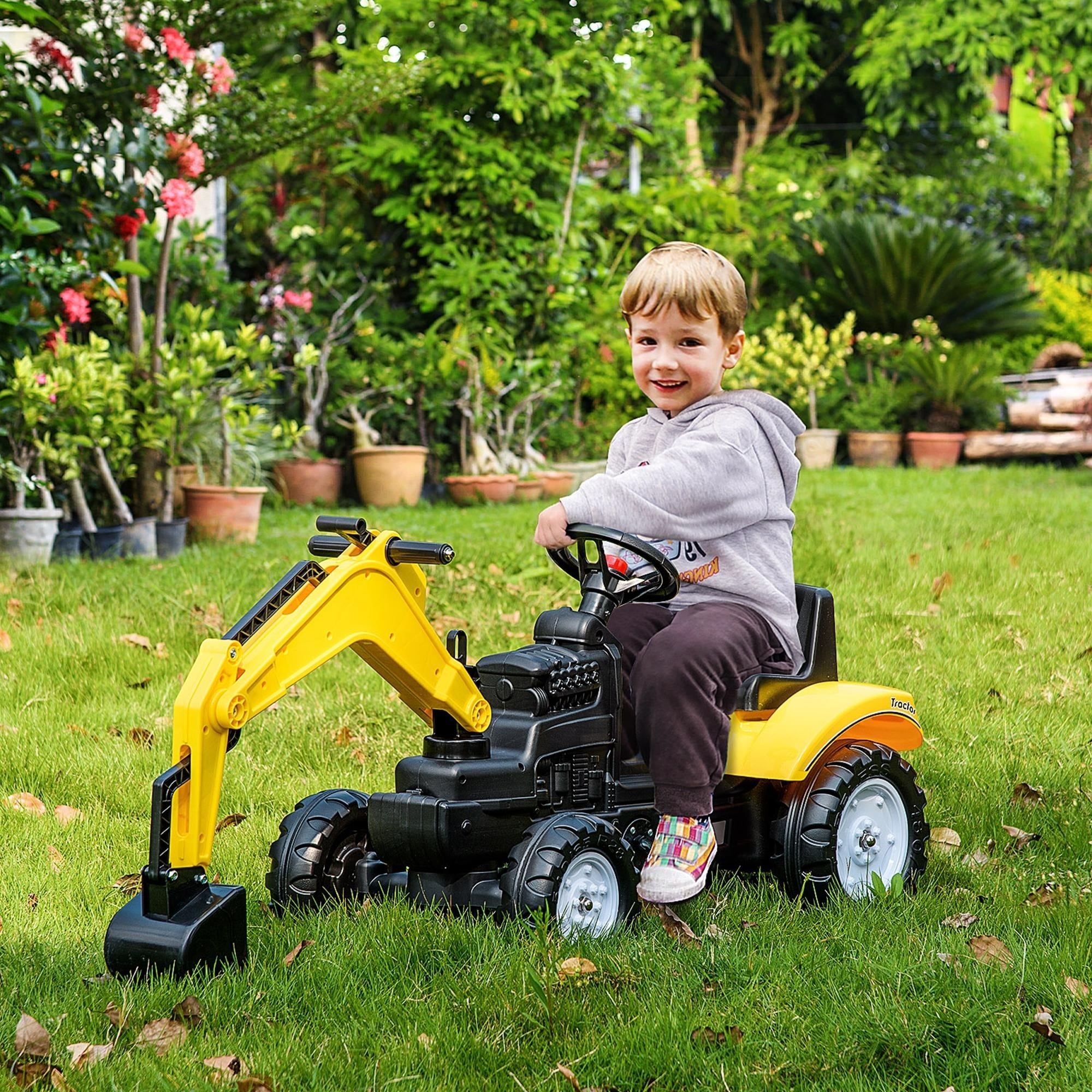 Aosom Kids Ride On Excavator, Pedal Digger, Construction Truck with Horn for Kids and Toddlers 3+, Yellow