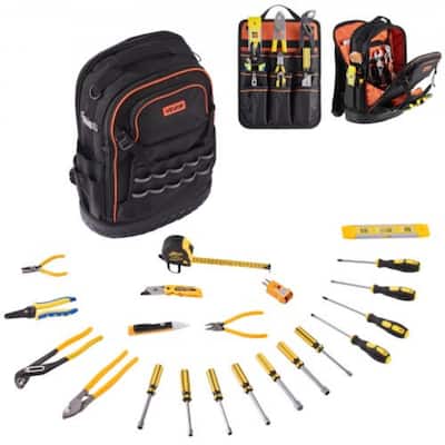 Black Orange 65-Pocket Work Backpack with 21-Piece Tool Set Ergonomic Straps and Splash-Resistant - 14.56 x 7.67 x 20.47 in