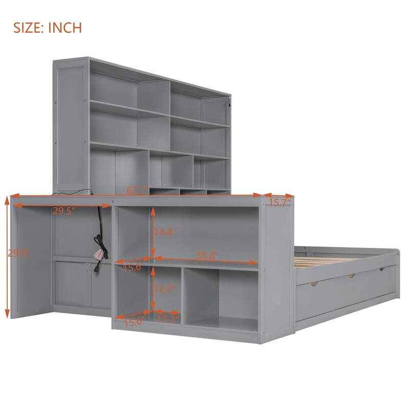 Full Size Wooden Daybed with Desk, Shelves, Drawers, and Lights in Gray