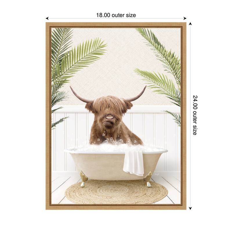 Kate and Laurel Sylvie Highland Cow in Palm Bathtub Framed Canvas by Amy Peterson