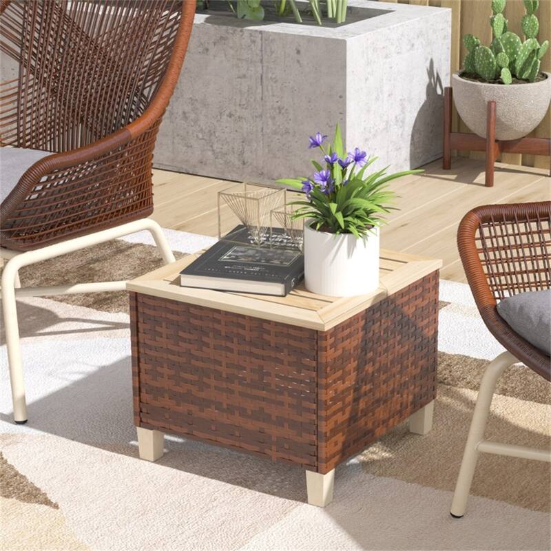 Brown Nature Wood Fir Wood PE Steel Rustic Patio End Table Outdoor - 17.7" L x 17.7" W x 14.6" H