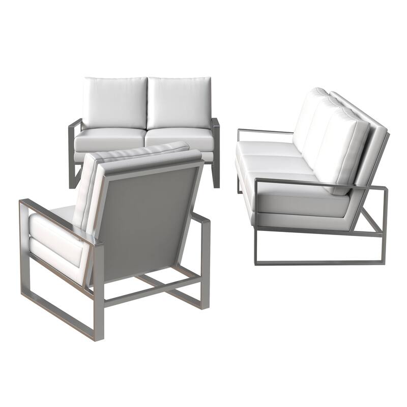 3-Piece Leather Sofa Set Brushed Stainless Steel Base and Removable Cushions
