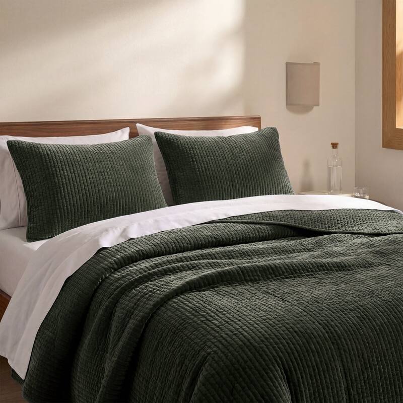 HiEnd Accents Stonewashed Cotton Velvet Traditional Bedding 3 Piece Quilt Set with Pillow Shams - Fern Green - King