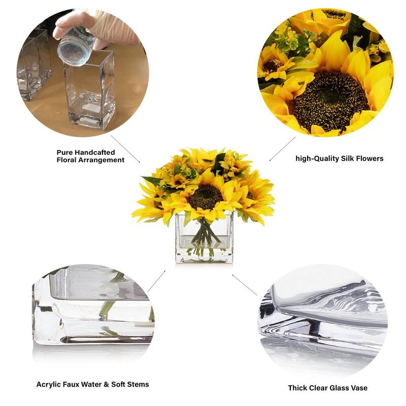 Enova Home Mixed Artificial Sunflowers Arrangement in Glass Vase For Home Office Centerpiece Table Decoration - N/A