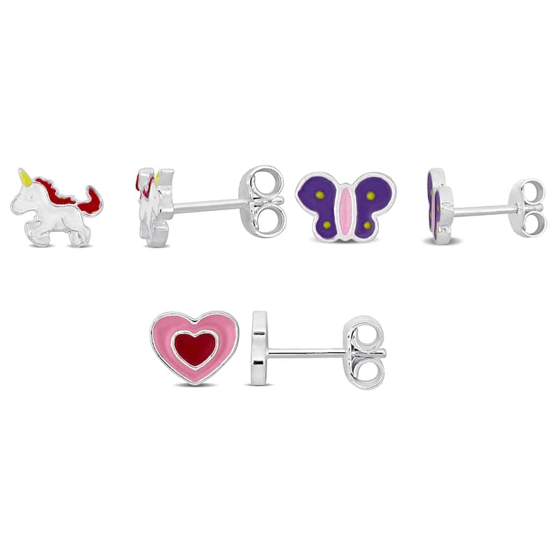Miadora Children's Unicorn Butterfly Heart Enamel Stud Earrings 3-Piece Set