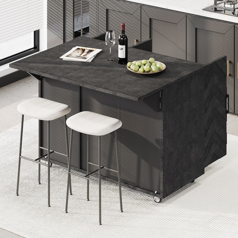 51.2"W 3D Wave Stripes Ash Veneer Kitchen Island with Drop Leaf,Internal Storage Rack
