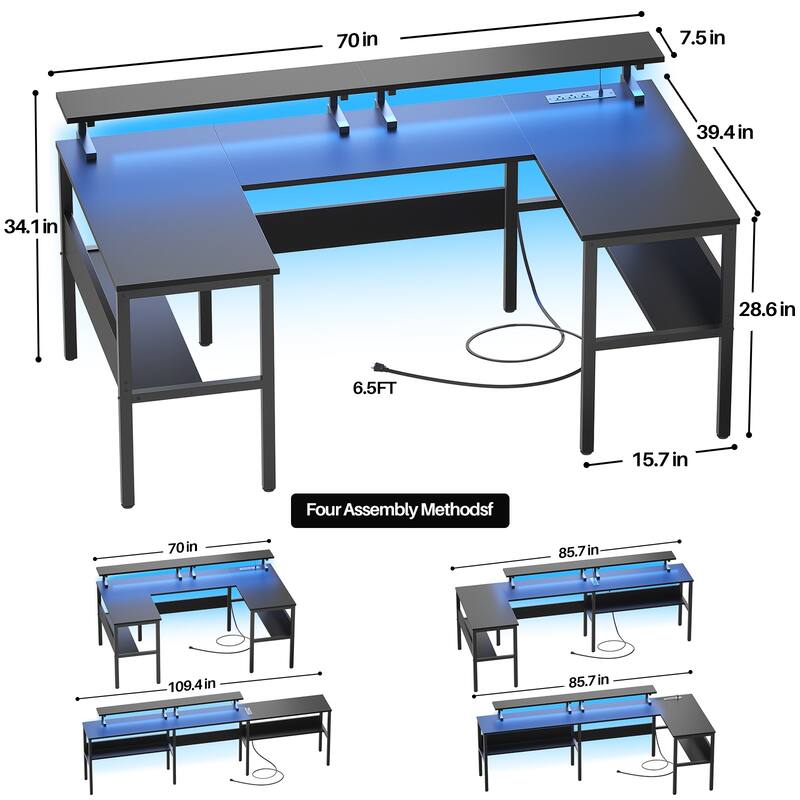 U-Shape Reversible Gaming Desk Monitor Computer Table with USB Ports and LED Lights