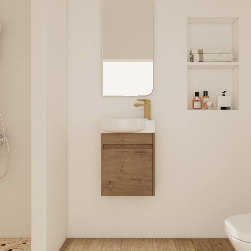 Wall Mounted Bathroom Vanity with Ceramic Sink, Soft-Close Door Hinges, Black Chestnut Finish for Small Spaces