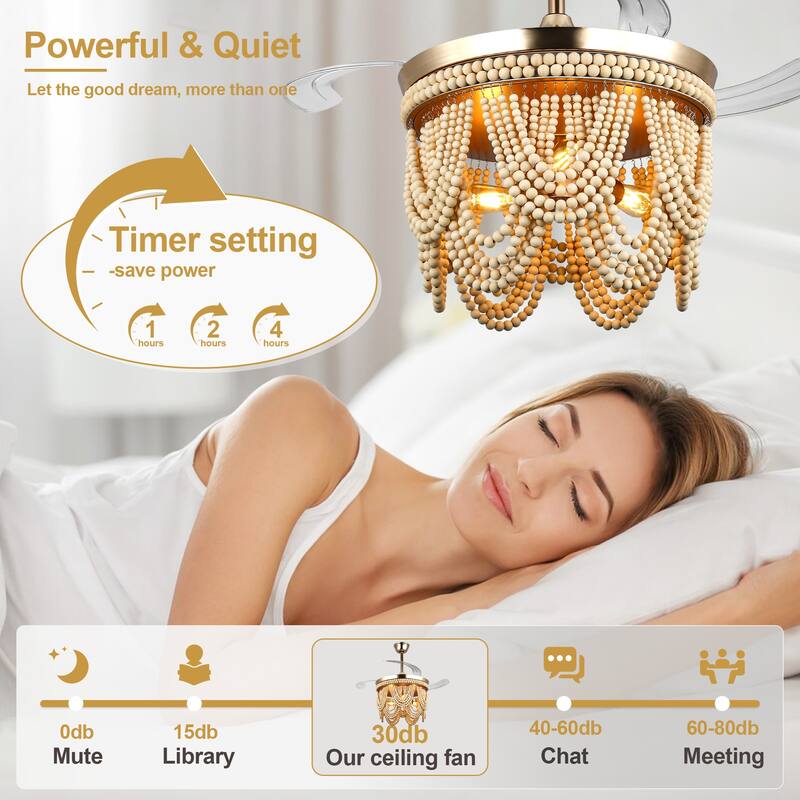 Cusp Barn 42" Retractable Ceiling Fan with Light, Farmhouse Wooden Bead Chandelier, Quiet DC Motor 6 Speeds Bohemian Ceiling Fan