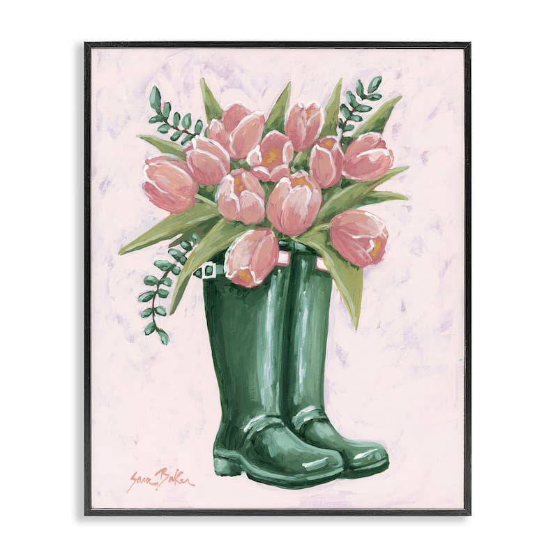 Stupell Pink Tulips in Boots Framed Giclee Art Design By Sara Baker - 11 x 14 - Black