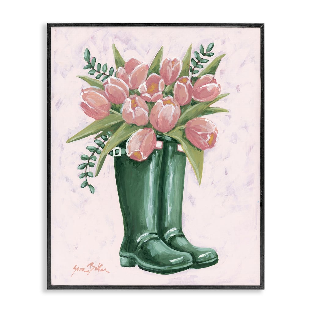 Stupell Pink Tulips in Boots Framed Giclee Art Design By Sara Baker