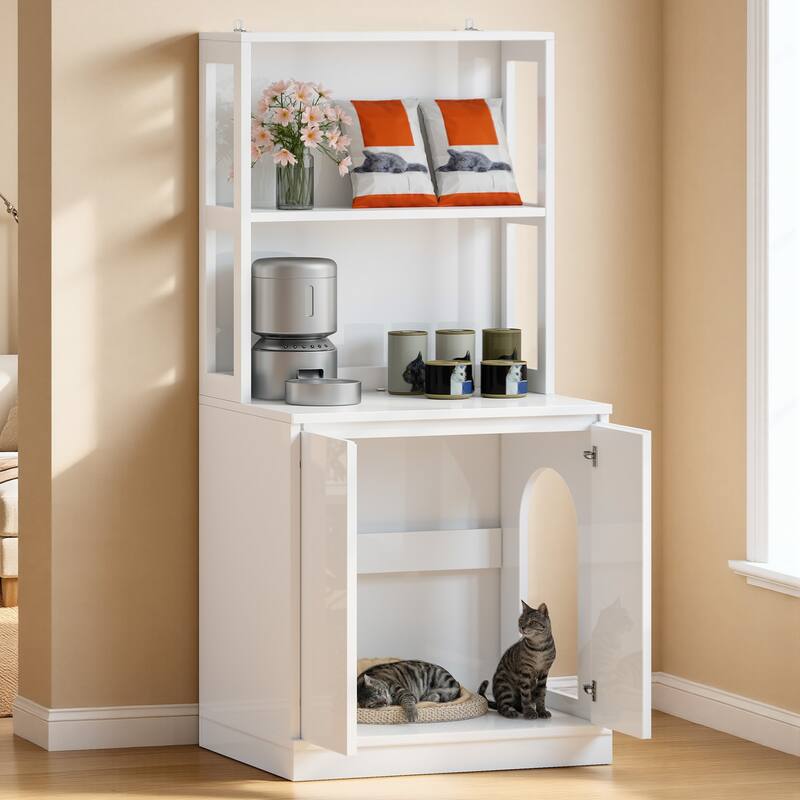 Hidden Cat Litter Box Enclosure Furniture Tall Storage Cabinet with Charging Station - White