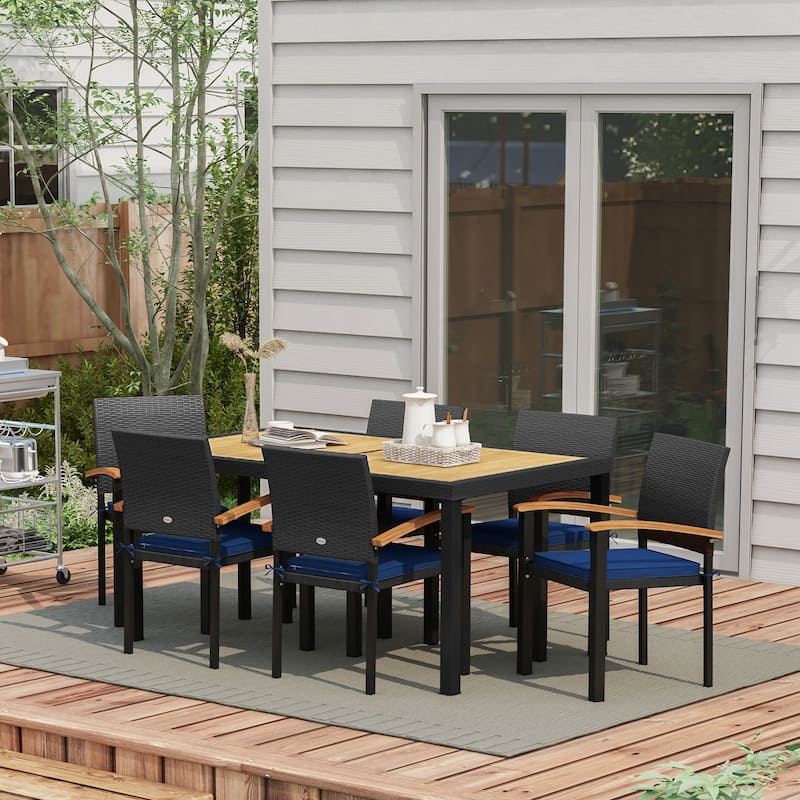 Outsunny 7 Pieces Patio Dining Set with Space-Saving Design, Wicker Patio Furniture Set Outdoor Dining Set with Acacia Wood - Black