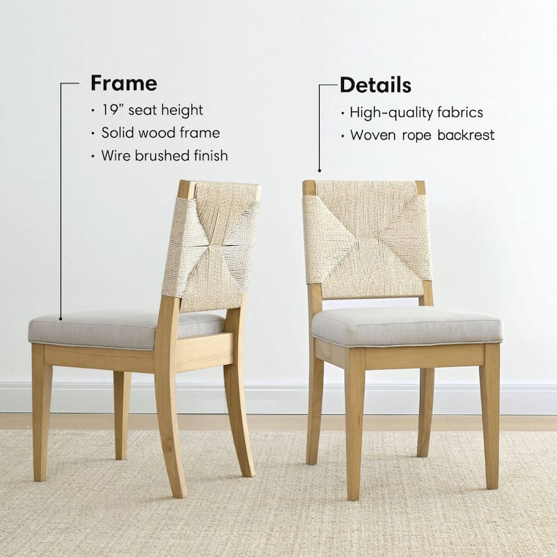 Upholstered Dining Chair with Woven Rope Back and Solid Wood Frame(Set of 2)