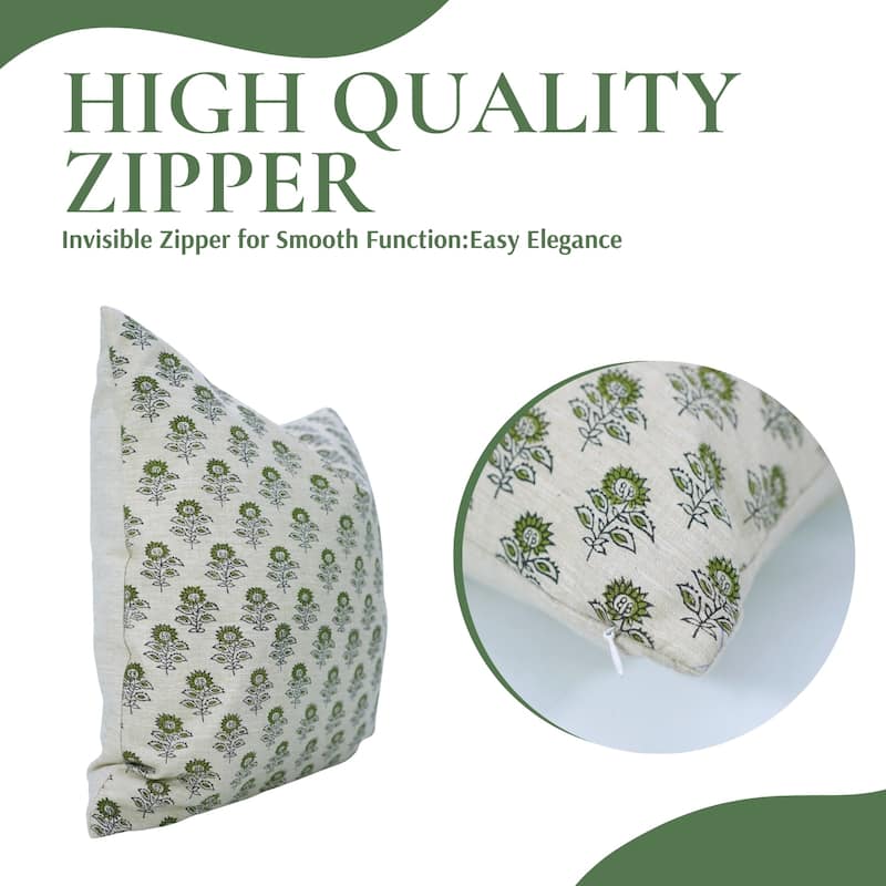 Fabdivine Square 26x26 Inch Fall Home Floral Accent Green Pillow Cover for Throw Decorative Cushioncase, Bagru Buti