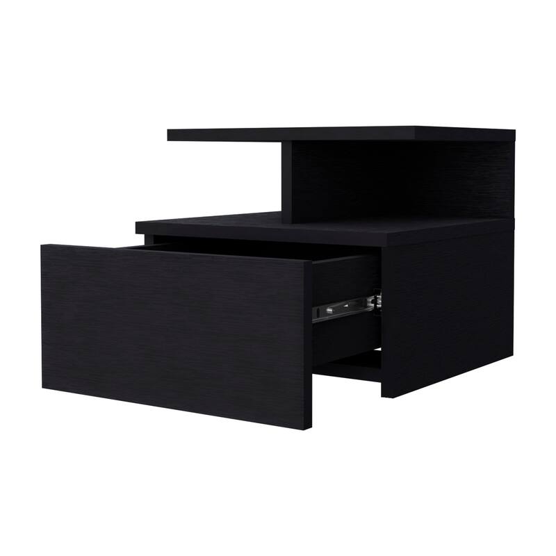 1-Drawer Floating Nightstand with Wall-Mounting and 2-Tier Shelf