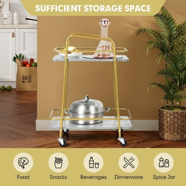 2-tier Kitchen Rolling Cart with Steel Frame and Lockable Casters-Gray - 16" x 24" x 32.5" (L x W x H)