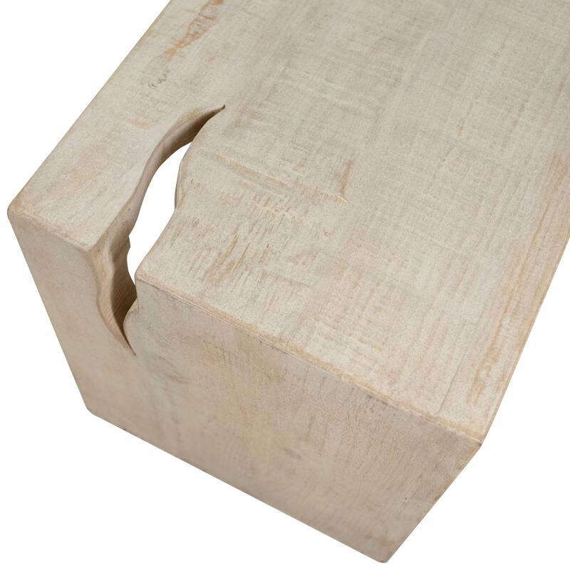 Evie Reclaimed Pine 84" Waterfall Style Dining Table Bench in Light Wash Finish and Cutout Detail