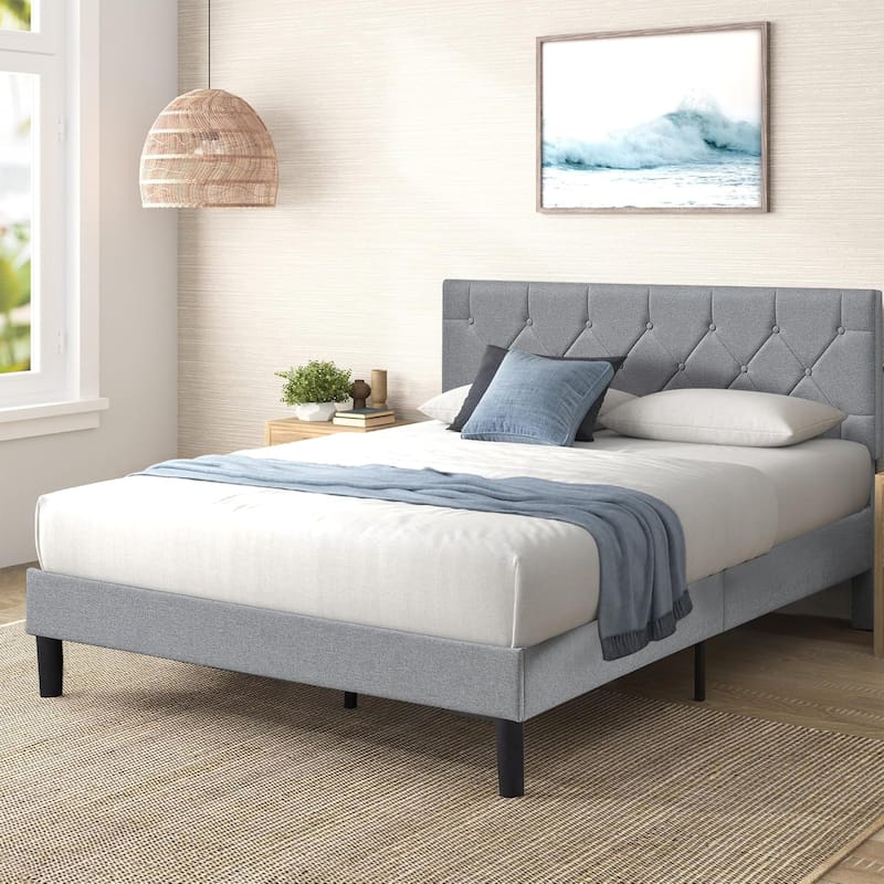 Javlergo Upholstered Beds With Diamond Tufted Headboard, Platform Bed Frame, - Grey - Queen