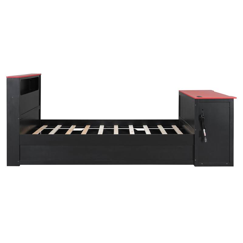 Wood Daybed with Trundle & Built-in Desk, LED Lights & USB Charging Port, Available in Full or Twin