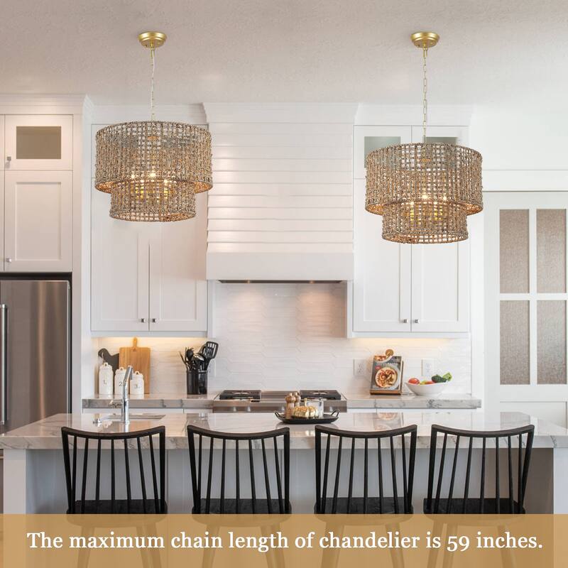 5-Light Metal 2-Tier Traditional Linear Drum Chandelier Pendant Light with Rattan Shade for Kitchen Island Dining Room