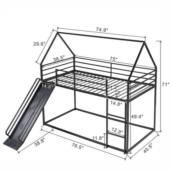 dimension image slide 1 of 2, Modern Black Twin Over Twin House Bunk Bed With Convertible Ladder and Slide