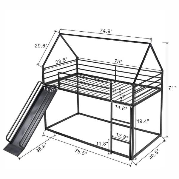 dimension image slide 0 of 2, Twin House Bunk Bed with Slide & Ladder - Playful & Safe for Kids