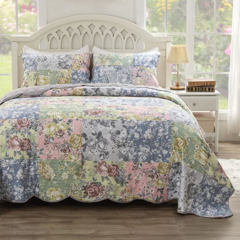 Greenland Home Fashions Emma Patchwork Floral Print Cotton Quilt Set - Twin XL