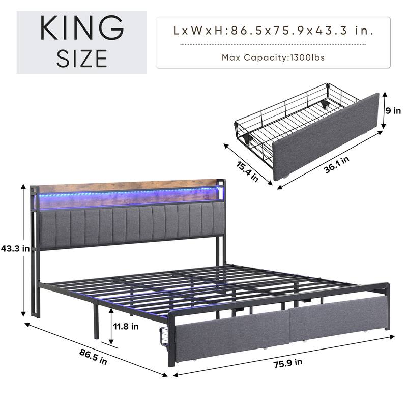 King Size LED Upholstered Platform Bed with Charging Station & Drawers