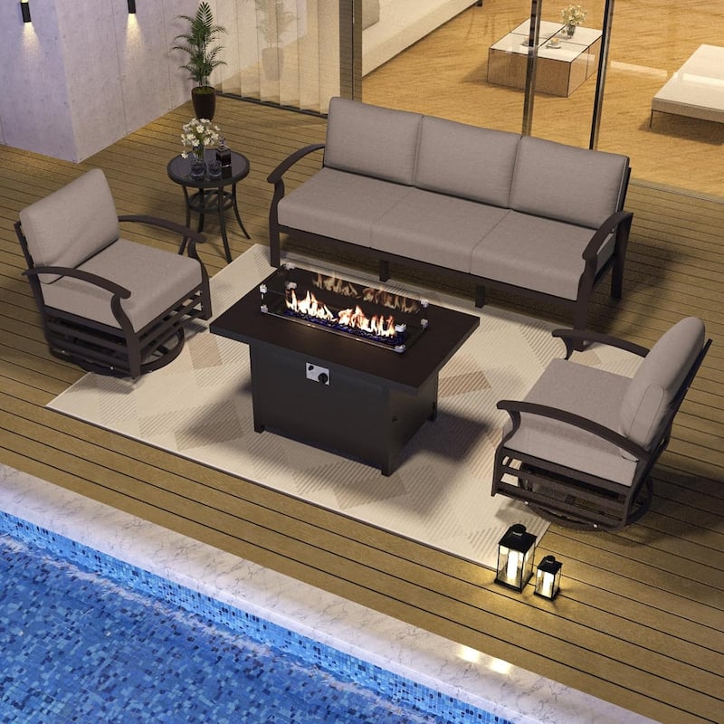 Aluminum Patio Furniture Set with FirePit Ottomans Swivel Chairs,Sectional Sofa with Thick Seat Cushions for Porch Garden