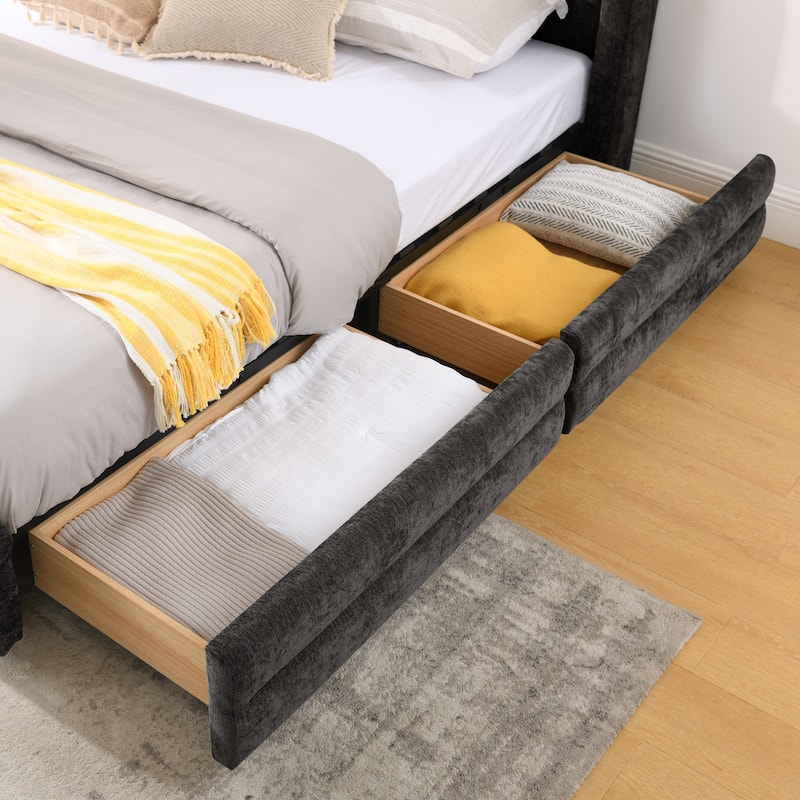 King Upholstered Bed Frame with Storage Drawer, Thick Padded Headboard & Solid Frame in Chenille Fabric