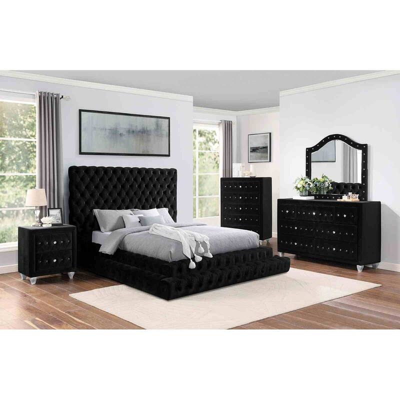 Black Finish Glam Fully Upholstered Bedroom Furniture Set with Button Tufting