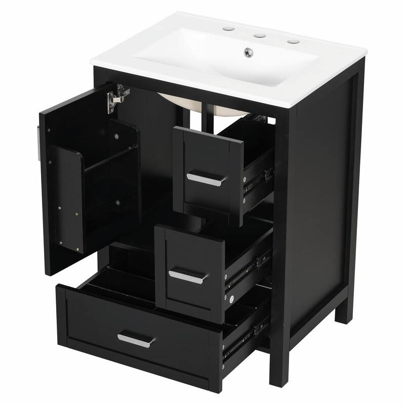24" Modern Bathroom Vanity with Ceramic Sink, Soft-Close Door, Double-Layer Door Shelf & 3 Drawers