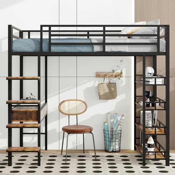 slide 2 of 9, Metal Loft bed with Desk and Shelves Black