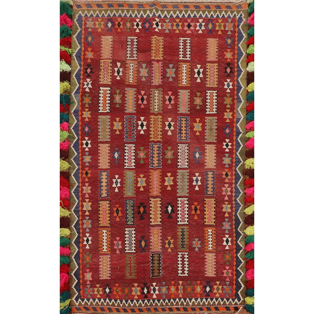 Kilim Qashqai Persian Vintage Rug Hand-Woven Geometric Wool Carpet - 4'6"x 7'7"