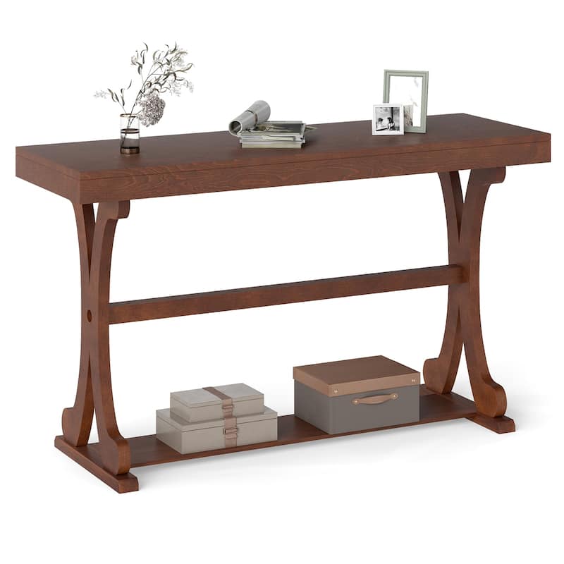 Gymax Narrow Console Table Vintage Accent Sofa Table w/ Open Storage - Walnut