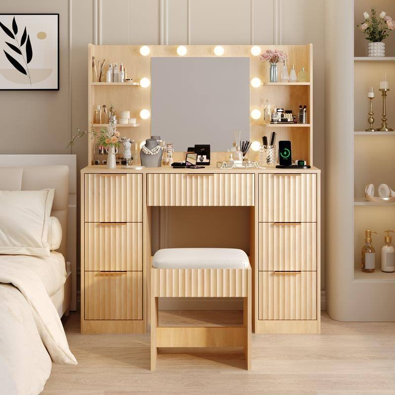 Particle Board Laminated with Textured Melamine, 7-Drawer 4-Tier Shelf, with 10 Three-Color Dimmable Bulbs, Dressing Table Set