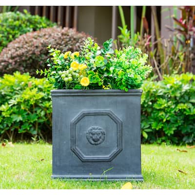 12.6"W Square Antique Gray Lightweight Concrete/Fiberglass Indoor Outdoor English Lion Head Planter